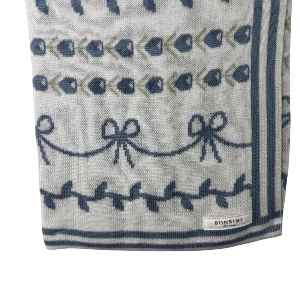 BONBINI New York Cotton Bamboo Baby Blanket‎ Blue Floral Bow Knit 0-6 Months